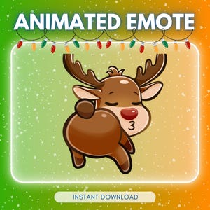 Peut inclure: Une émoticône animée représentant un renne de dessin animé aux yeux fermés et au nez rouge. Le renne est marron avec de grands bois et un petit chiffre 3 sur le côté. Le texte "ANIMATED EMOTE" et "INSTANT DOWNLOAD" sont également présents.