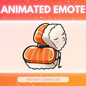 Könnte beinhalten: Animierter Emote mit einem Sushi-Charakter mit errötendem Gesicht und geschlossenen Augen. Das Sushi hat orangefarbene und weiße Details mit schwarzer Umrandung. Der Text "ANIMATED EMOTE" steht oben und "INSTANT DOWNLOAD" unten.