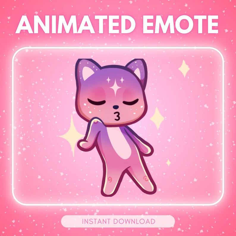 May include: Animated emote graphic featuring a cartoon cat with closed eyes blowing a kiss. The cat is a gradient of purple and pink, with sparkling accents. The background is pink with the text "ANIMATED EMOTE" and "INSTANT DOWNLOAD".