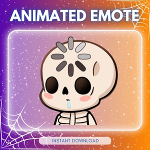 Pode incluir: Emote animado com um esqueleto de desenho animado com um símbolo de carregamento na cabeça. O esqueleto tem olhos grandes e pretos, bochechas rosadas e uma pequena lágrima. O fundo é um gradiente de roxo e laranja com uma moldura branca e o texto "ANIMATED EMOTE" e "INSTANT DOWNLOAD".