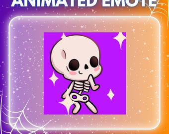 May include: Animated emote graphic featuring a cute cartoon skeleton with a light pink blush, on a purple background with star accents. The text "ANIMATED EMOTE" is at the top, and "INSTANT DOWNLOAD" at the bottom.