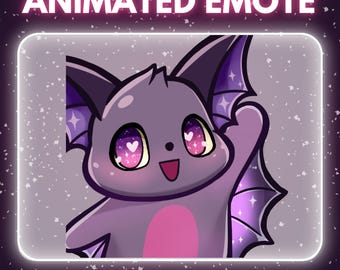 May include: Animated emote featuring a cartoon bat with purple and pink coloring. The bat has large eyes with heart-shaped pupils and is waving. The text "ANIMATED EMOTE" is at the top, and "INSTANT DOWNLOAD" is at the bottom.