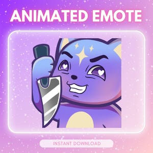 Op de afbeelding: Geanimeerde emote met een paars katachtig personage met een mes. Het personage heeft hartvormige ogen en een ondeugende grijns. De achtergrond is een paarse en roze gradiënt met de tekst "ANIMATED EMOTE" en "INSTANT DOWNLOAD".