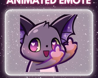 May include: An animated emote featuring a cartoon bat with purple and pink accents. The bat has heart-shaped eyes and is waving with a friendly expression. The text "ANIMATED EMOTE" is at the top, and "INSTANT DOWNLOAD" is at the bottom.
