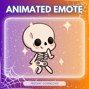 May include: Animated emote of a cartoon skeleton with a smiling face and glowing stars in the background. The skeleton is wearing a pink shirt and has a white bone structure.