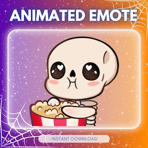 May include: An animated emote featuring a cute skeleton with heart-shaped eyes, holding a popcorn bucket. The image has a purple and orange gradient background with the text "ANIMATED EMOTE" and "INSTANT DOWNLOAD".