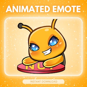 Può includere: Emote animata con un'ape dei cartoni animati con occhi blu e un sorriso malizioso. L'ape tiene in mano un disco rosso e rosa con la scritta "NUT". L'immagine presenta il testo "ANIMATED EMOTE" e "INSTANT DOWNLOAD".