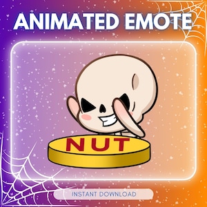 Può includere: Emote animata con un personaggio scheletro dei cartoni animati sorridente, appoggiato su una moneta d'oro con la scritta "NUT" in rosso. Lo sfondo è un gradiente viola e arancione con una cornice bianca e ragnatele.