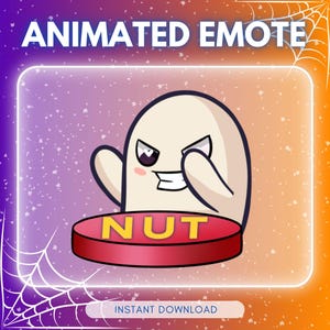 May include: Animated emote featuring a cartoon ghost character with an angry expression. The ghost is holding a red button with the word "NUT" in yellow. The background is a gradient of purple and orange with a white border and spiderwebs.