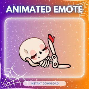 Könnte beinhalten: Ein animiertes Emote mit einem Cartoon-Skelett mit langen Wimpern, das eine Schere mit rotem Griff hält. Das Bild hat einen Farbverlaufshintergrund mit dem Text "ANIMATED EMOTE" und "INSTANT DOWNLOAD".