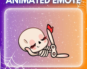May include: An animated emote featuring a cartoon skeleton with long eyelashes, holding scissors with a red handle. The image has a gradient background with the text "ANIMATED EMOTE" and "INSTANT DOWNLOAD".