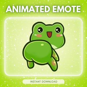 May include: A cheerful green frog character with a smiling face and pink cheeks. The image features the text "ANIMATED EMOTE" at the top and "INSTANT DOWNLOAD" at the bottom, set against a light green background.