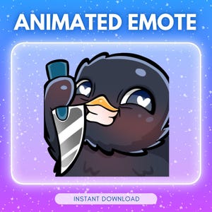 Op de afbeelding: Geanimeerde emote met een cartoonvogel die een mes vasthoudt. De vogel heeft donkerblauwe veren, een gele snavel en hartvormige ogen. De tekst "ANIMATED EMOTE" en "INSTANT DOWNLOAD" is inbegrepen.