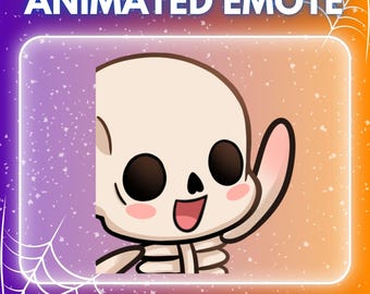 May include: Animated emote featuring a cartoon skeleton waving with a cheerful expression. The design is set against a gradient background of purple and orange, with a white neon border and spiderwebs. Text reads "ANIMATED EMOTE" and "INSTANT DOWNLOAD".