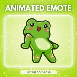 Puede incluir: Una rana verde de dibujos animados con vientre blanco, ojos en forma de corazón y mejillas rosadas. La imagen tiene el texto "ANIMATED EMOTE" en la parte superior e "INSTANT DOWNLOAD" en la inferior, todo sobre un fondo verde.