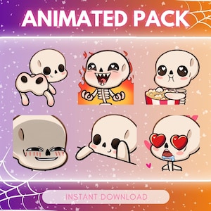 May include: An animated pack of cartoon skeleton emojis with various expressions, including hearts for eyes, flames, and popcorn. The text "ANIMATED PACK" and "INSTANT DOWNLOAD" are displayed.