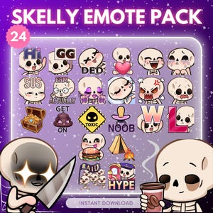 May include: A digital art pack featuring 24 skeleton-themed emotes with various expressions and props. The emotes include text like "Hi", "GG", "SUS", and "NOOB". The background is a gradient of purple and white with a starry effect. The text "SKELLY EMOTE PACK" is at the top.