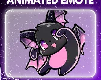 May include: Animated emote featuring a cartoon bat with a black body, pink belly, and pink and purple wings. The bat has large eyes with pink and purple details. The text "ANIMATED EMOTE" and "INSTANT DOWNLOAD" are displayed.