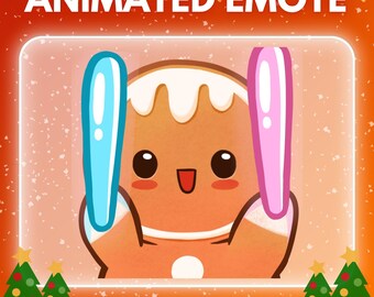 May include: A cartoon gingerbread man with a smiling face, holding blue and pink objects. The image has the text "ANIMATED EMOTE" at the top and "INSTANT DOWNLOAD" at the bottom. The background is orange with Christmas lights and trees.