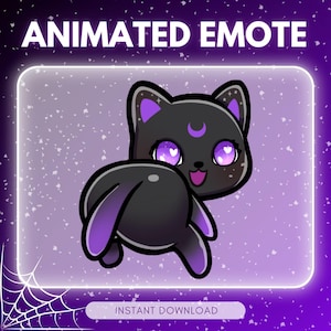 Puede incluir: Emoticón animado de un gato negro con detalles morados, ojos en forma de corazón y una luna creciente. El gato está sobre un fondo morado con el texto "ANIMATED EMOTE" y "INSTANT DOWNLOAD".