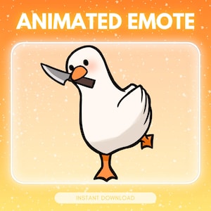 Könnte beinhalten: Animierte Emote-Grafik mit einer weißen Cartoon-Gans, die ein Messer im Schnabel hält. Die Gans steht auf einem Bein. Der Hintergrund ist ein orange-gelber Farbverlauf mit dem Text "ANIMATED EMOTE" und "INSTANT DOWNLOAD".