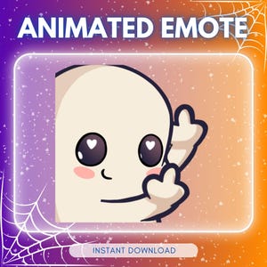 May include: An animated emote featuring a cartoon character with a light skin tone, large eyes with heart-shaped pupils, and rosy cheeks. The character is giving a peace sign. The background is a gradient of purple and orange with a white neon border and spiderwebs.