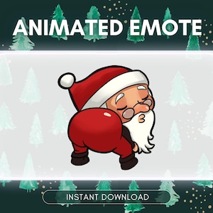 Könnte beinhalten: Animierter Emote mit Weihnachtsmann in rotem Anzug und Mütze, mit weißem Bart und Brille, der sich bückt. Der Text "ANIMATED EMOTE" steht oben und "INSTANT DOWNLOAD" unten. Der Hintergrund ist dunkelgrün mit Weihnachtsbäumen.