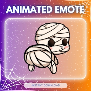 May include: An animated mummy emote with a light beige wrappings and large black eyes. The mummy has a cute expression with a small mouth and a kissy face. The background is a gradient of purple and orange with the text "ANIMATED EMOTE".