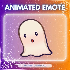 Könnte beinhalten: Animierter Emote mit einem niedlichen Cartoon-Geist mit überraschtem Gesichtsausdruck. Der Geist ist weiß mit braunen Umrissen, schwarzen Augen und einem roten Mund. Der Hintergrund ist ein Farbverlauf aus Lila und Orange mit dem Text "ANIMATED EMOTE" und "INSTANT DOWNLOAD".