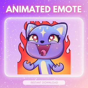 May include: An animated emote featuring a purple cat with heart-shaped eyes and an open mouth, surrounded by flames. The text "ANIMATED EMOTE" is at the top, and "INSTANT DOWNLOAD" is at the bottom.