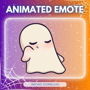 May include: An animated emote featuring a cute ghost with closed eyes and rosy cheeks. The ghost is white with black outlines, set against a gradient background of purple and orange. Text at the top reads "ANIMATED EMOTE".