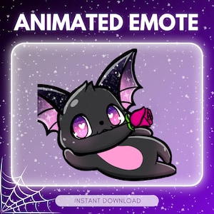 Op de afbeelding: Geanimeerde emote met een cartoonvleermuis met een roos. De vleermuis is zwart met roze accenten en grote ogen met hartvormige pupillen. De achtergrond is paars met de tekst "ANIMATED EMOTE" en "INSTANT DOWNLOAD".
