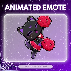 以下が含まれることがあります： 赤いポンポンを持った、紫色のアクセントが付いた黒猫のアニメーション絵文字。猫は赤と黒のチアリーダーの衣装を着ています。「ANIMATED EMOTE」の文字が上に、「INSTANT DOWNLOAD」が下にあります。