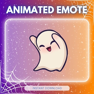 May include: Animated emote of a white ghost with a happy expression, arms raised in the air, against a purple and orange background with white sparkles.