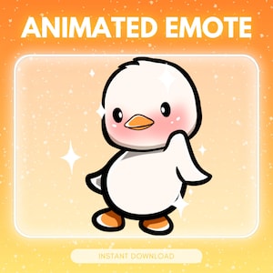 May include: An animated emote of a white duck with a black outline, rosy cheeks, and an orange beak. The duck is standing and has small wings. The background is a gradient of orange and yellow with the text "ANIMATED EMOTE" and "INSTANT DOWNLOAD".
