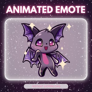Könnte beinhalten: Animierter Emote mit einer Cartoon-Fledermaus mit lila Flügeln und herzförmigen Augen. Die Fledermaus ist grau mit einem rosa Bauch und ist von funkelnden Sternen umgeben. Der Text "ANIMATED EMOTE" steht oben und "INSTANT DOWNLOAD" unten.