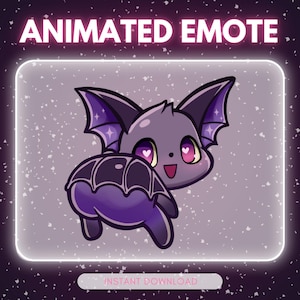 May include: Animated emote featuring a cartoon bat with purple and black accents. The bat has large ears, wings, and a smiling face with heart-shaped eyes. The text "ANIMATED EMOTE" is at the top, and "INSTANT DOWNLOAD" is at the bottom.