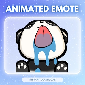 Op de afbeelding: Geanimeerde emote van een panda met zijn tong uit en kwijl. De panda is zwart en wit met een roze en paarse tong en blauwe kwijl. De tekst "ANIMATED EMOTE" staat bovenaan en "INSTANT DOWNLOAD" onderaan.