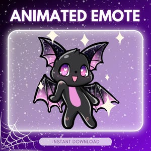 May include: Animated emote of a cartoon bat with a black body, pink accents, and large eyes with heart-shaped pupils. The bat has large wings with a starry design. The background is purple with white sparkles and the text "ANIMATED EMOTE".