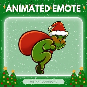 May include: Animated emote featuring a green character wearing a Santa hat and carrying a red sack. The background is green with a white border and the text "ANIMATED EMOTE" and "INSTANT DOWNLOAD". Christmas tree graphics are in the corners.