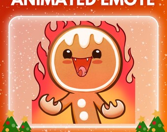 May include: Animated emote featuring a gingerbread man with flames, a wide open mouth, and a happy expression. The image is set against an orange background with Christmas lights and trees. Text reads "ANIMATED EMOTE" and "INSTANT DOWNLOAD."