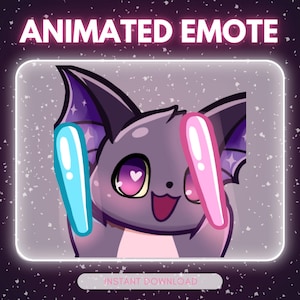 May include: Animated emote featuring a cartoon bat with purple and gray fur, large eyes with heart-shaped pupils, and a smiling expression. The bat holds a blue and pink light stick. Text at the top reads "ANIMATED EMOTE" and "INSTANT DOWNLOAD" at the bottom.