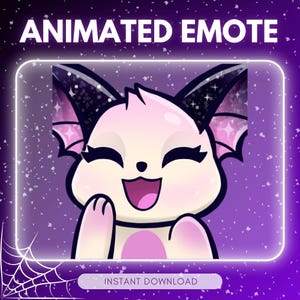 Puede incluir: Emoticono animado con una criatura de dibujos animados con forma de murciélago con pelaje rosa y blanco, orejas negras y alas rosas. La criatura sonríe y saluda. Se muestra el texto "ANIMATED EMOTE" y "INSTANT DOWNLOAD".