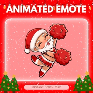 Könnte beinhalten: Animierter Emote mit dem Weihnachtsmann in einem Cheerleader-Outfit, der rote Pompons hält. Das Bild hat ein rotes und rosa Farbschema mit dem Text "ANIMATED EMOTE" oben und "INSTANT DOWNLOAD" unten. Weihnachtsbäume befinden sich in den Ecken.