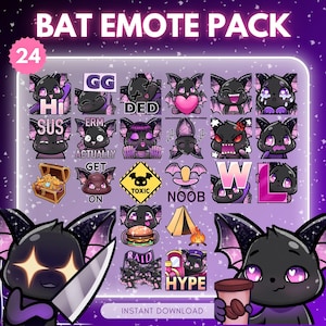 May include: A digital art pack featuring 24 bat emotes with various expressions and text, such as "GG", "Hi", and "SUS". The emotes are in a cartoon style with purple and black color schemes. The words "BAT EMOTE PACK" and "INSTANT DOWNLOAD" are also visible.