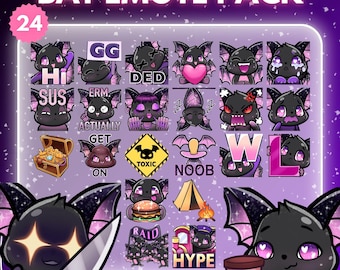May include: A digital art pack featuring 24 bat emotes with various expressions and text, such as "GG", "Hi", and "SUS". The emotes are in a cartoon style with purple and black color schemes. The words "BAT EMOTE PACK" and "INSTANT DOWNLOAD" are also visible.