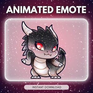 Pode incluir: Emote animado de um dragão fofo com escamas pretas, barriga branca e olhos vermelhos em forma de coração. O dragão tem chifres e uma espinha dorsal pontuda. O texto "ANIMATED EMOTE" está no topo e "INSTANT DOWNLOAD" na parte inferior.