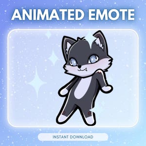 May include: An animated emote featuring a cartoon wolf character with dark gray fur, a light gray belly, and sparkling blue eyes. The character has a small fang and is set against a light blue background with white stars and the text ANIMATED EMOTE.