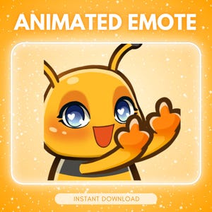 May include: Animated emote of a cartoon bee with a smiling expression and heart-shaped eyes. The bee is yellow and black, with orange hands and antennae. Text at the top reads "ANIMATED EMOTE" and at the bottom "INSTANT DOWNLOAD".