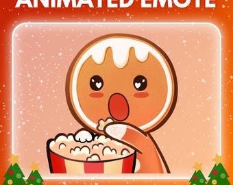 May include: Animated emote featuring a gingerbread cookie character with a surprised expression, holding a popcorn bucket. The image has a festive orange background with falling snow and Christmas tree illustrations. Text reads "ANIMATED EMOTE" and "INSTANT DOWNLOAD."